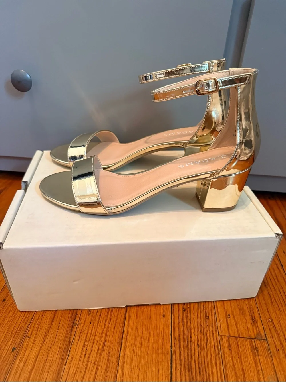 BRAND NEW - J Adams - Daisy - 7.5 - Metallic Gold Block Heel Ankle-Strap Sandals